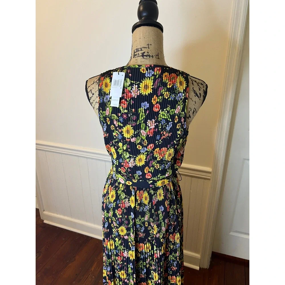 T Tahari sizeS Black Floral Print Pleated Midi Dress Sleeveless V Neck Tie Waist